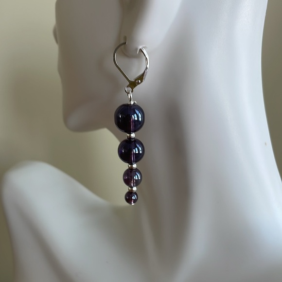 HAND CRAFTED IRIDESCENT EARRINGS Bluish Purple Graduated Contemporary Ball Drop - Picture 4 of 13